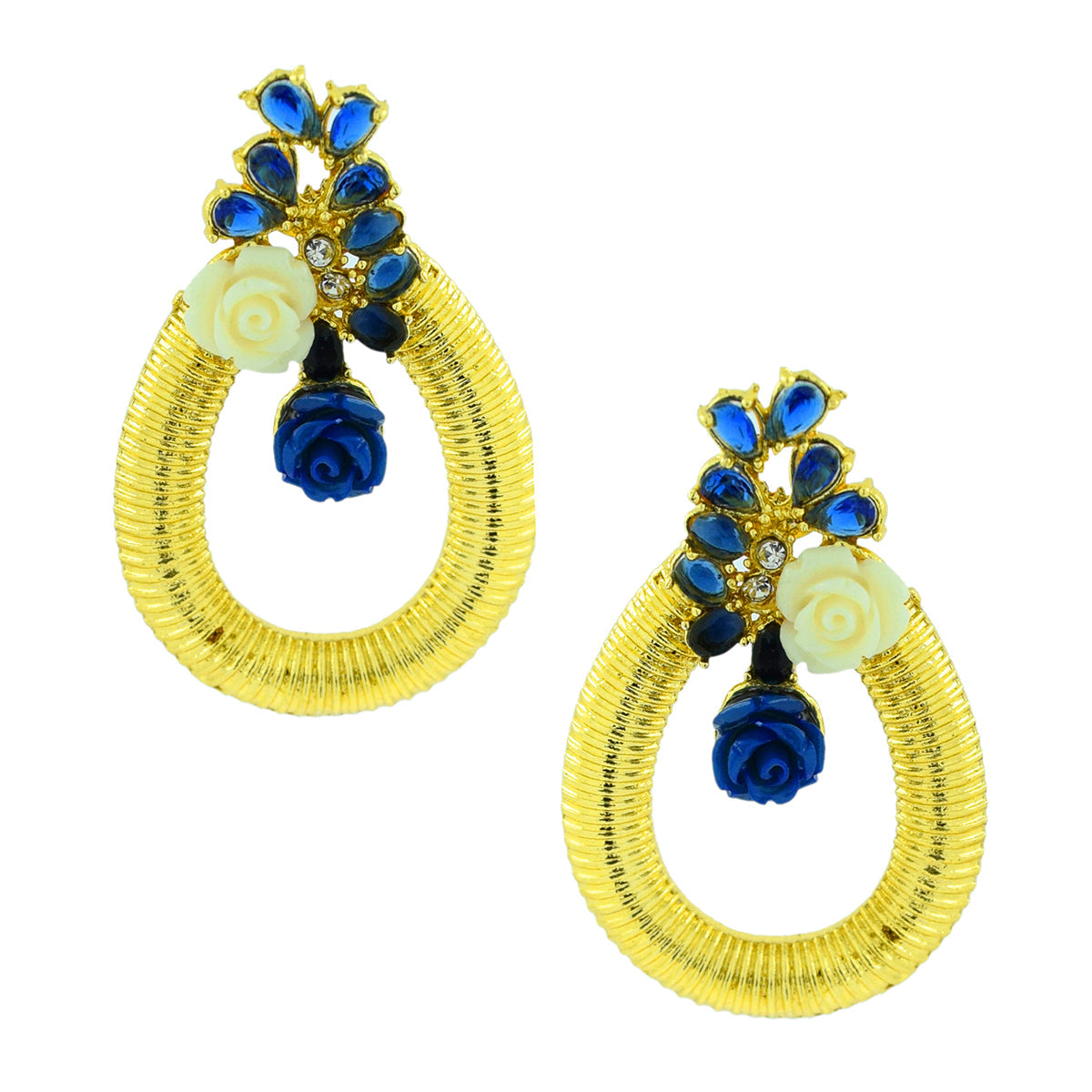Designer Flower Gold American Diamond Sapphire Blue Earring For Women