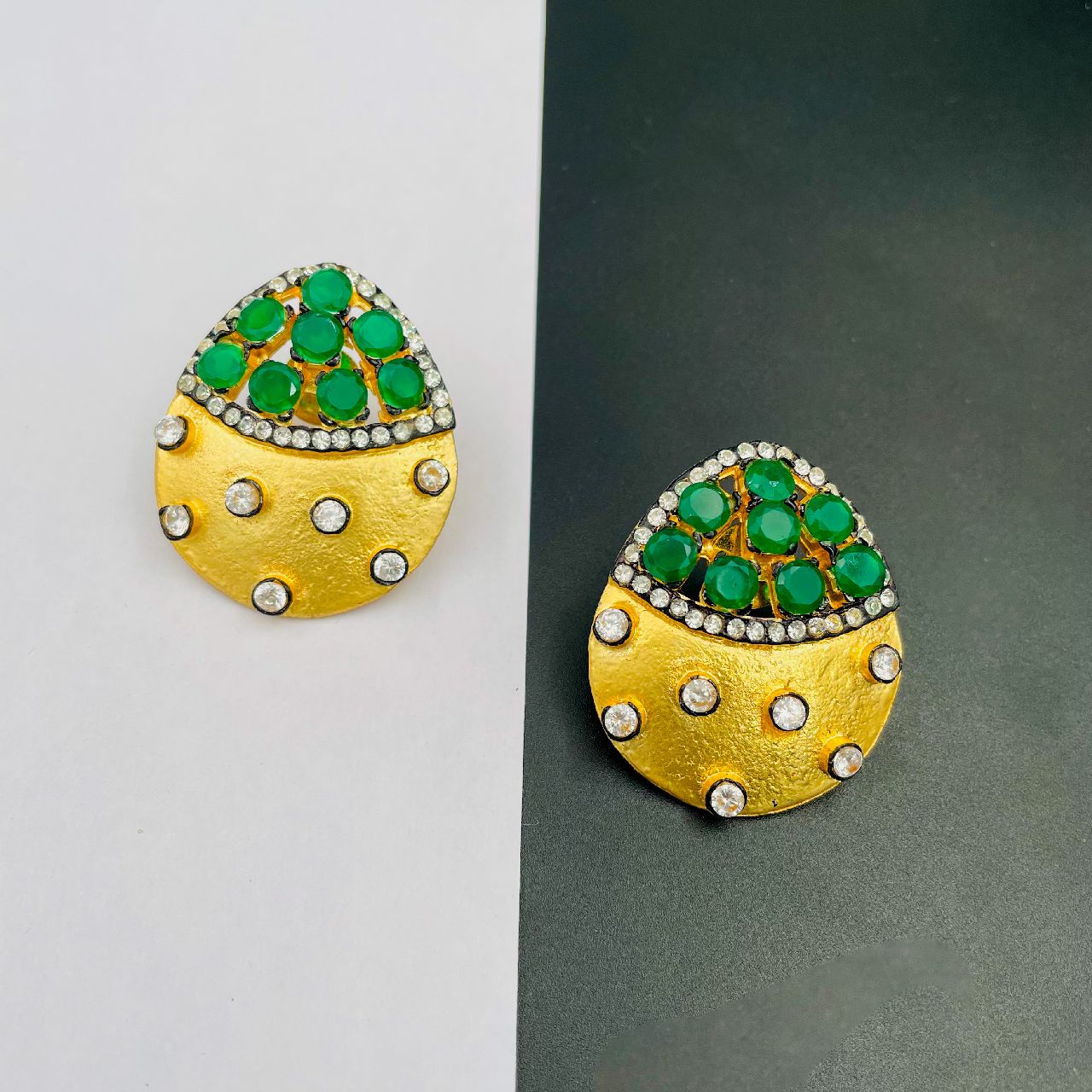 Indo-Western Emerald Green American Diamond Cz Gold Stud Earring
