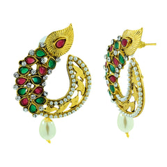 Ethnic Filigree Red Green American Diamond Cz Pearl Gold Earring
