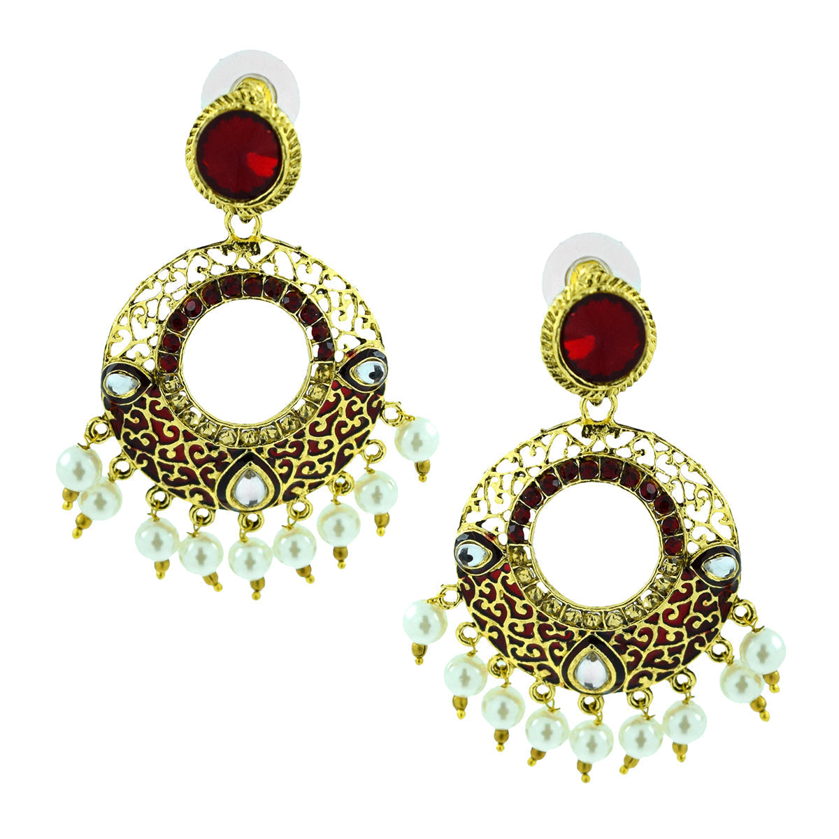 Victorian Gold Garnet Red Meenakari Pearl Chaand Bali Jhumki Earring