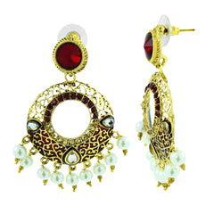 Victorian Gold Garnet Red Meenakari Pearl Chaand Bali Jhumki Earring