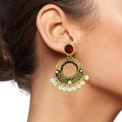 Victorian Gold Garnet Red Meenakari Pearl Chaand Bali Jhumki Earring