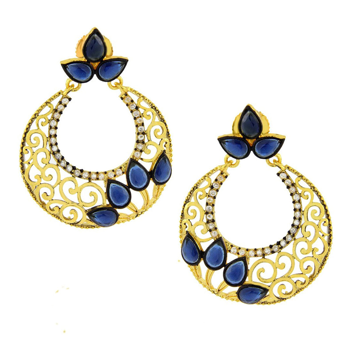 Chaand Bali Gold Sapphire Blue American Diamond Cz Jhumki Earring