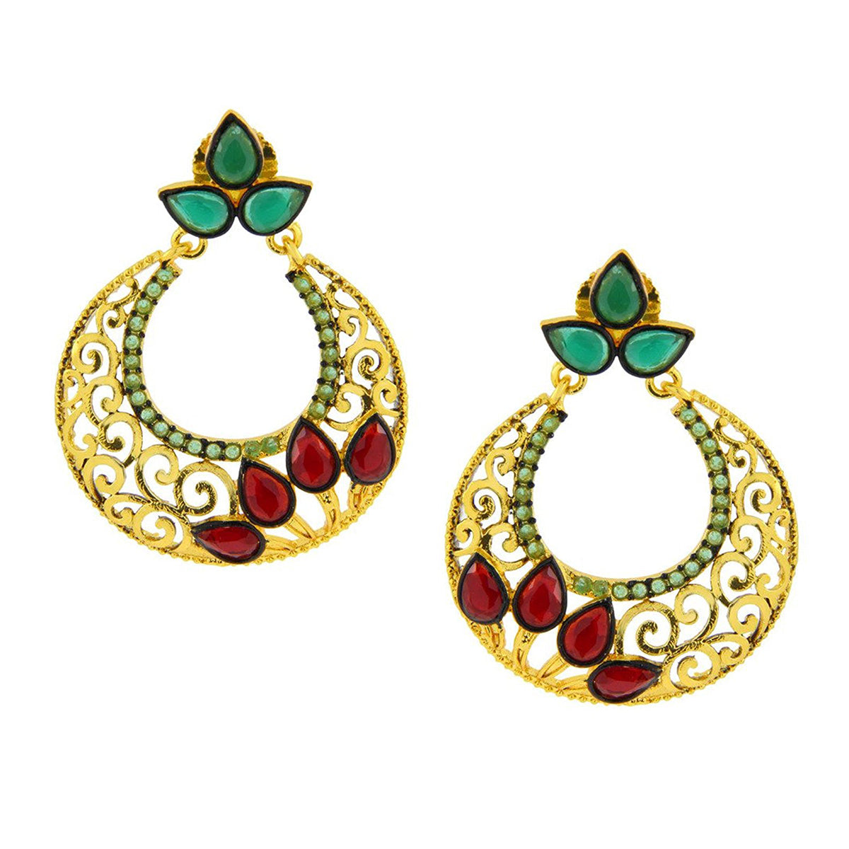 Chaand Bali Gold Red Green American Diamond Cz Jhumki Earring