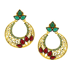 Chaand Bali Gold Red Green American Diamond Cz Jhumki Earring