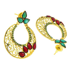 Chaand Bali Gold Red Green American Diamond Cz Jhumki Earring