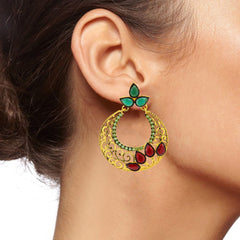 Chaand Bali Gold Red Green American Diamond Cz Jhumki Earring