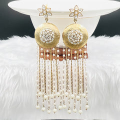 Kundan Pearl Gold Indo Western Designer Statement Long Dangling Tassel Earring