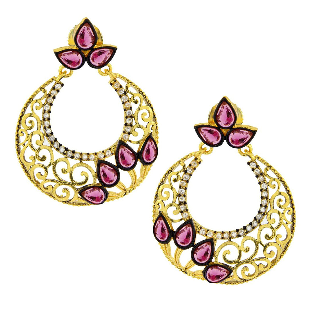 Chaand Bali Gold Sapphire Pink American Diamond Cz Jhumki Earring