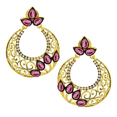 Chaand Bali Gold Sapphire Pink American Diamond Cz Jhumki Earring