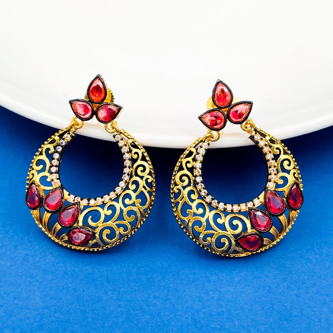 Chaand Bali Gold Sapphire Pink American Diamond Cz Jhumki Earring