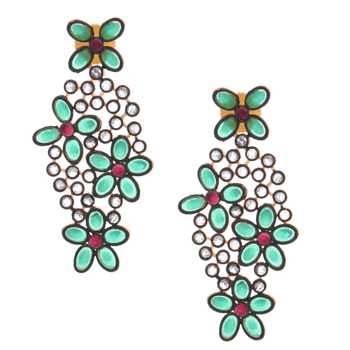 Floral Red Green Kundan Gold Dangling Delicate Earring For Women