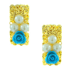Daily Wear Gold Plated Sky Blue Flower Pearl Stud Earring For Women