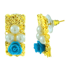 Daily Wear Gold Plated Sky Blue Flower Pearl Stud Earring For Women