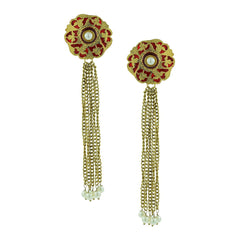 Designer Long Statement Gold Maroon Meenakari Pearl Dangling Tassel Earring For Women
