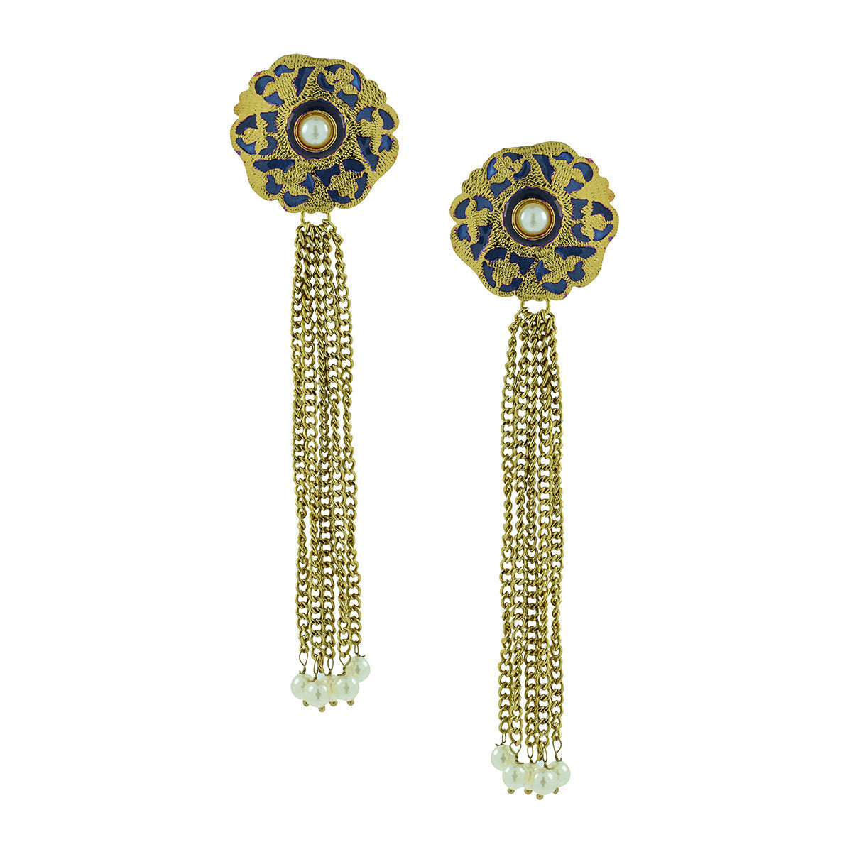 Designer Long Statement Gold Blue Meenakari Pearl Earring For Women