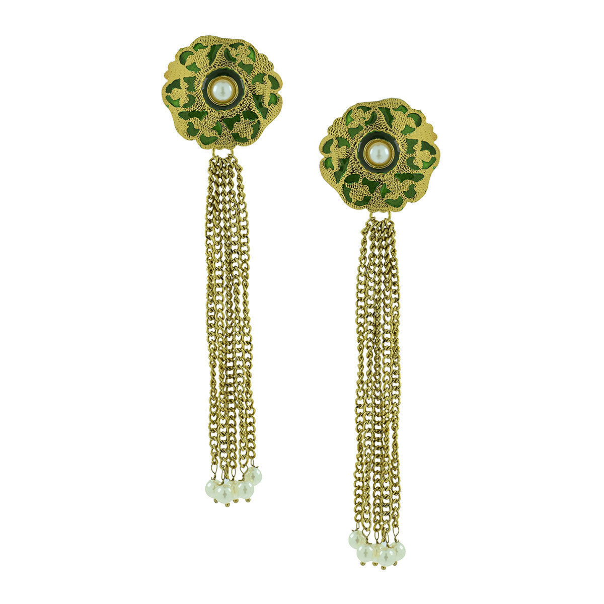 Designer Long Statement Gold Green Meenakari Pearl Dangling Tassel Earring For Women