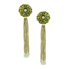 Designer Long Statement Gold Green Meenakari Pearl Dangling Tassel Earring For Women