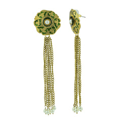 Designer Long Statement Gold Green Meenakari Pearl Dangling Tassel Earring For Women