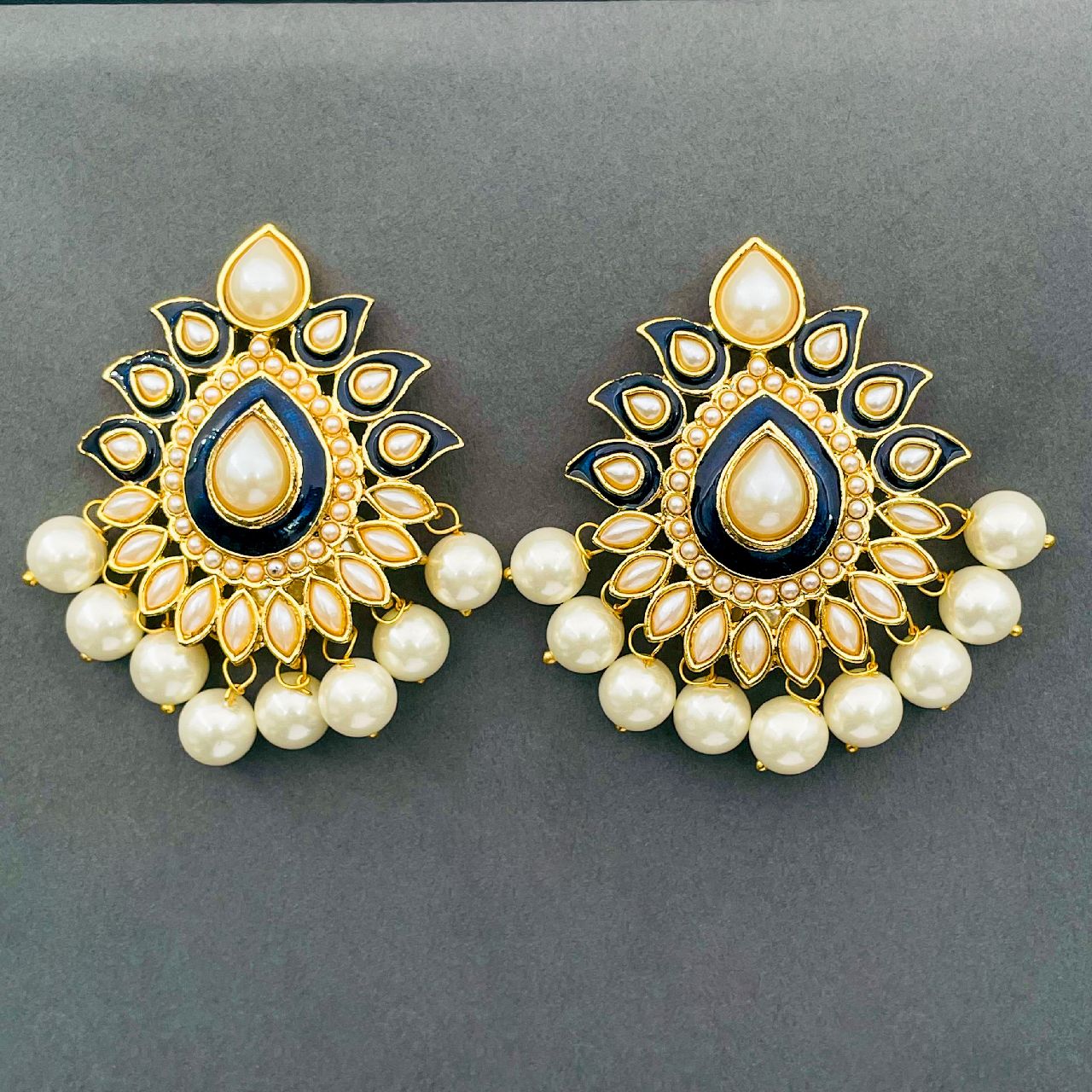 Traditional Gold Plated Dark Blue Meenakari Pearl Festive Earring