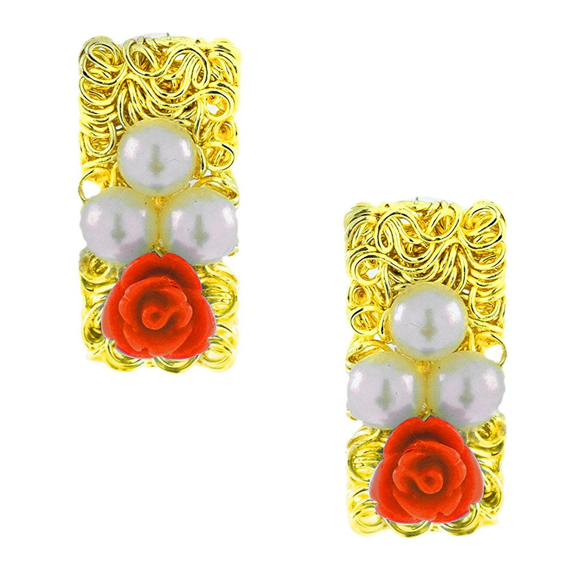 Daily Wear Gold Plated Coral Red Flower Pearl Stud Earring For Women
