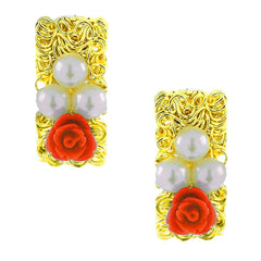 Daily Wear Gold Plated Coral Red Flower Pearl Stud Earring For Women