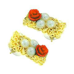 Daily Wear Gold Plated Coral Red Flower Pearl Stud Earring For Women
