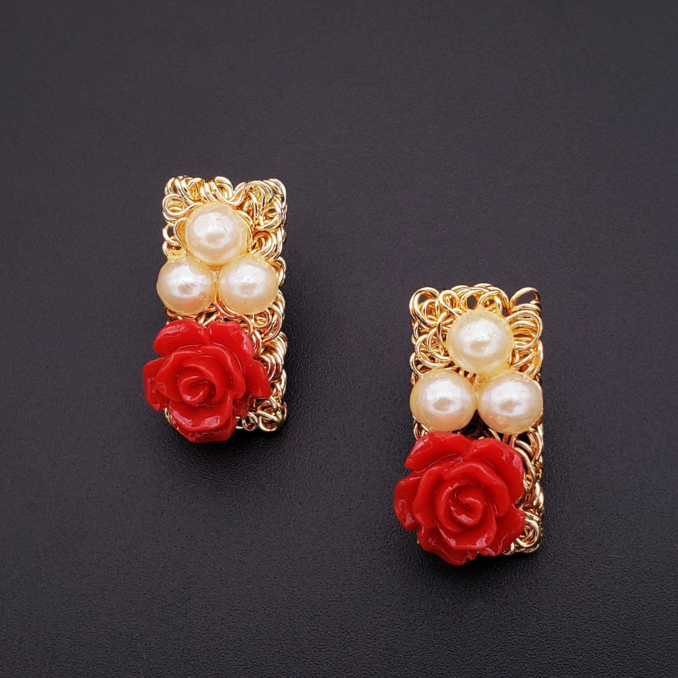 Daily Wear Gold Plated Coral Red Flower Pearl Stud Earring For Women