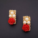Daily Wear Gold Plated Coral Red Flower Pearl Stud Earring For Women