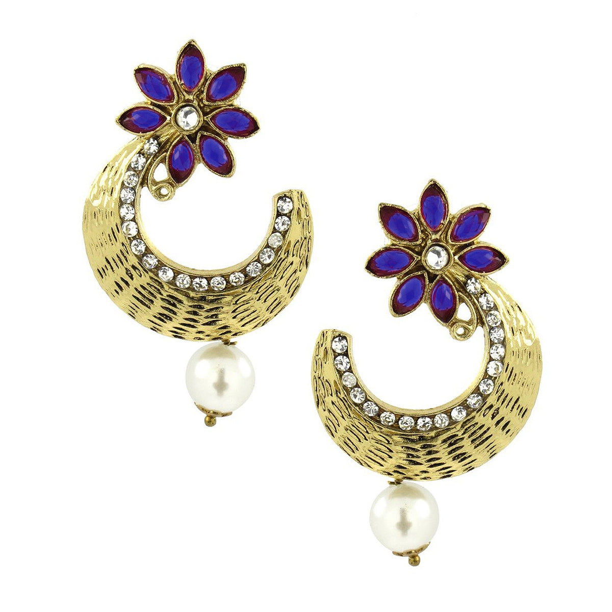 Flower Antique Gold Blue Pearl American Diamond Chaand Bali Earring