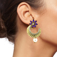 Flower Antique Gold Blue Pearl American Diamond Chaand Bali Earring