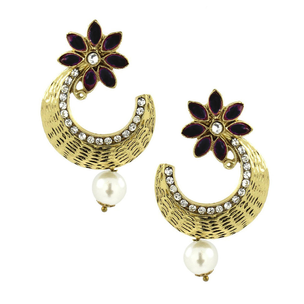 Flower Antique Gold Black Pearl American Diamond Chaand Bali Earring