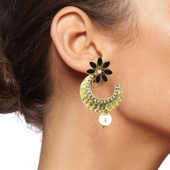 Flower Antique Gold Black Pearl American Diamond Chaand Bali Earring