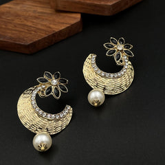 Flower Antique Gold Black Pearl American Diamond Chaand Bali Earring