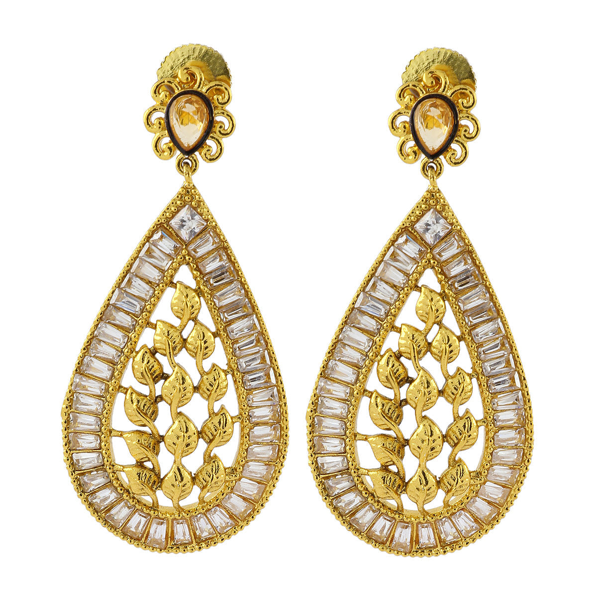 Flower Filigree Antique 22K Gold Kundan Dangling Earring For Women