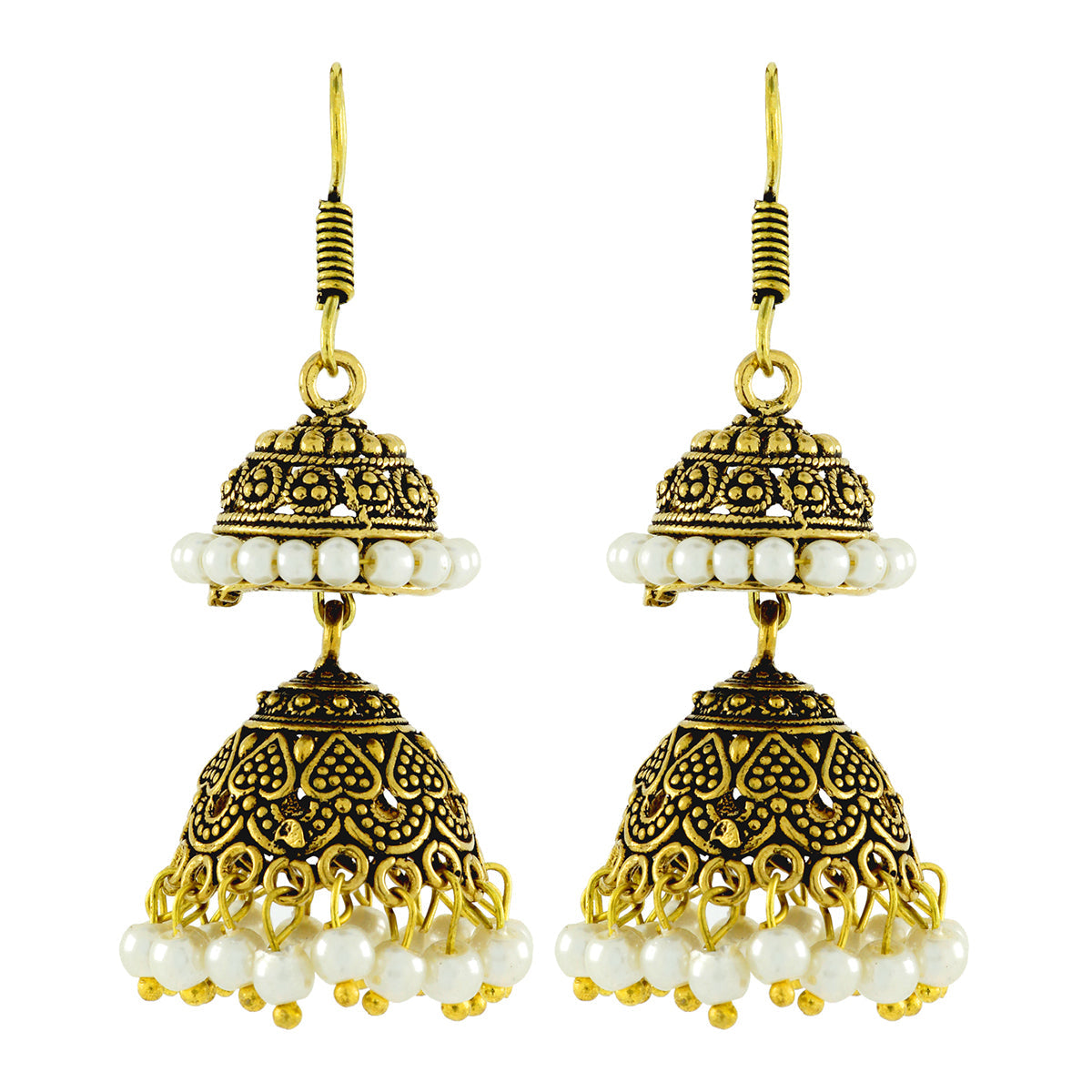 Antique Oxidized Gold Plated Pearl Double Jhumki Earring For Women