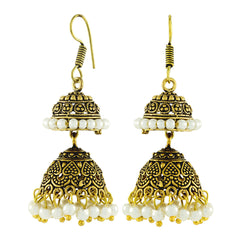 Antique Oxidized Gold Plated Pearl Double Jhumki Earring For Women