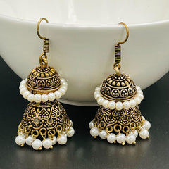 Antique Oxidized Gold Plated Pearl Double Jhumki Earring For Women