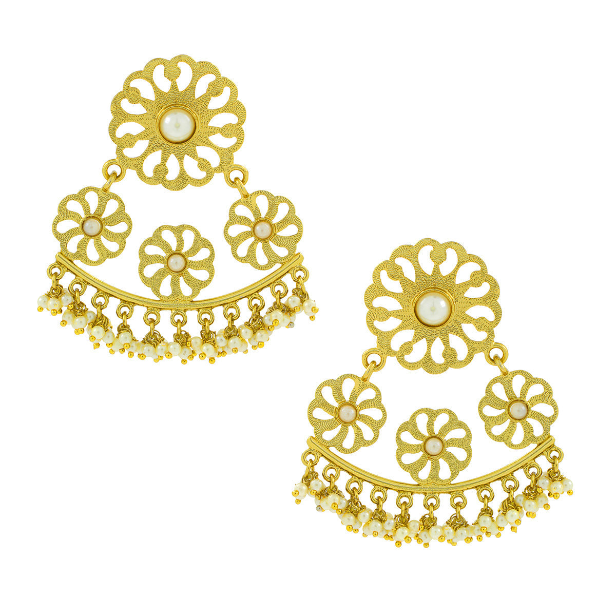 Filigree Flower Pearl Antique Gold Plated Chandelier Earring Women