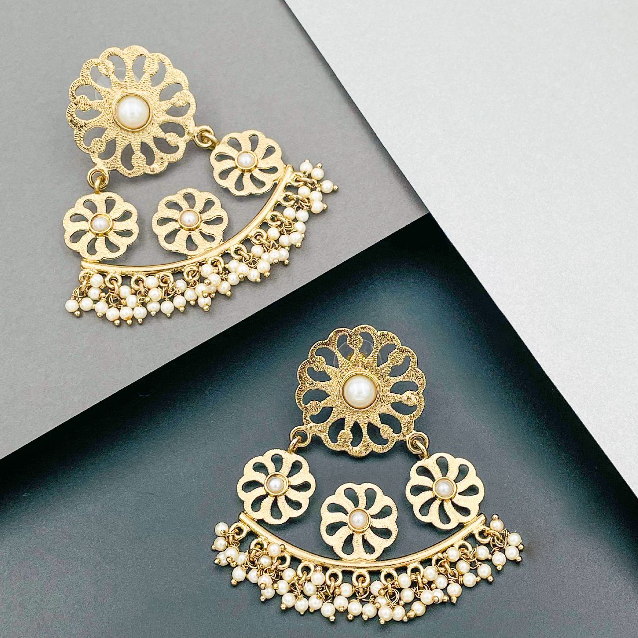 Filigree Flower Pearl Antique Gold Plated Chandelier Earring Women