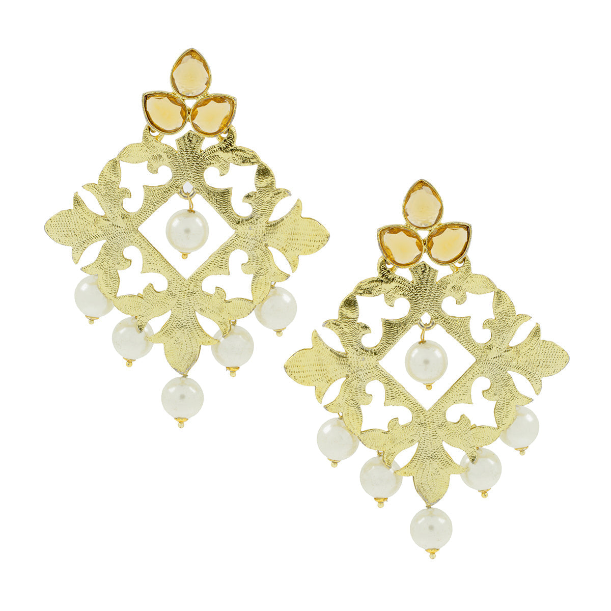 Large Filigree Flower Pearl Antique Gold Chandelier Earring