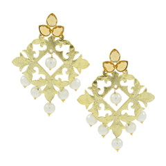 Large Filigree Flower Pearl Antique Gold Chandelier Earring