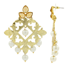 Large Filigree Flower Pearl Antique Gold Chandelier Earring