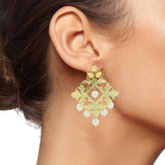 Large Filigree Flower Pearl Antique Gold Chandelier Earring