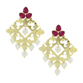 Large Filigree Flower Pearl Antique Ruby Red Gold Chandelier Earring