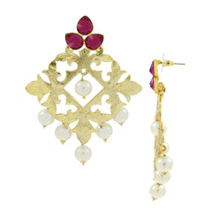 Large Filigree Flower Pearl Antique Ruby Red Gold Chandelier Earring