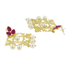 Large Filigree Flower Pearl Antique Ruby Red Gold Chandelier Earring