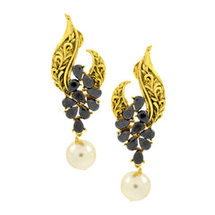 Leafy Floral Black 18K Gold Plated Pearl Drop Earring For Women