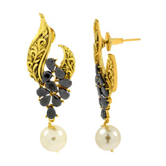 Leafy Floral Black 18K Gold Plated Pearl Drop Earring For Women