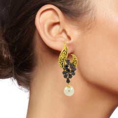 Leafy Floral Black 18K Gold Plated Pearl Drop Earring For Women